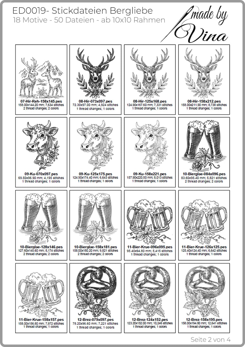 Zweite Katalogseite mit Stickmotiven von Hirsch, Kuh, Biergläsern, Bierkrügen und Brezeln samt Stichzahlen und Größen.

Second catalog page featuring embroidery designs of stag, cow, beer glasses, mugs, and pretzels with stitch counts.