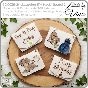 Könnte beinhalten: Vier cremefarbene Hundekotbeutelhalter mit gestickten Designs und Text. Einer sagt "Paw & Poop Crew", ein anderer "Poop happens". Jeder hat einen Metallring und einen Druckknopfverschluss. Das Bild enthält deutschen Text.