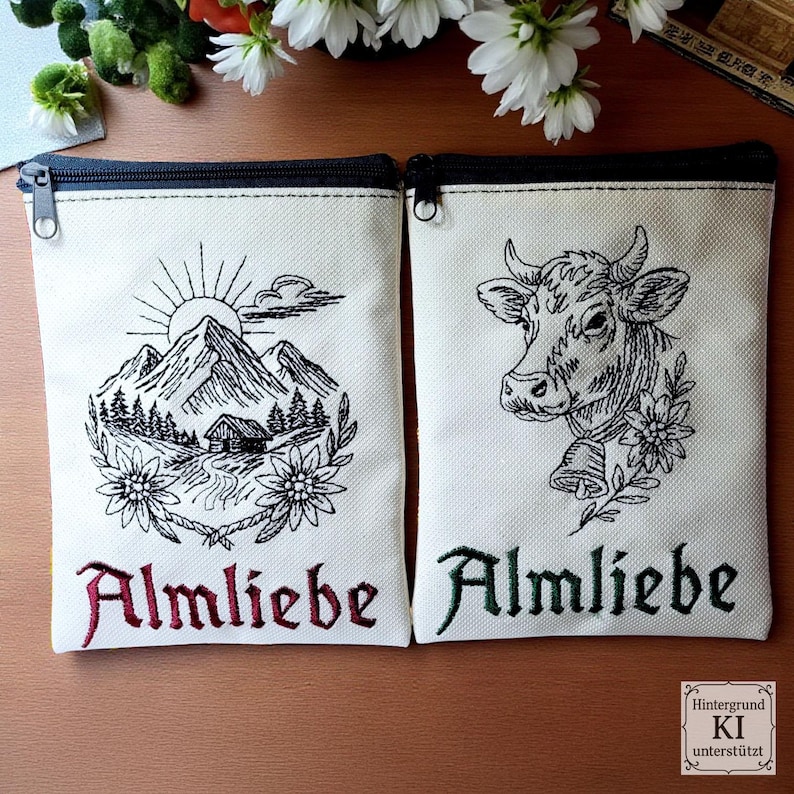 Zwei weiße Reißverschlusstäschchen, bestickt mit Berghütte und Kuh sowie dem Schriftzug Almliebe in Rot und Grün.

Two white zippered pouches embroidered with mountain cabin, cow, and the text Almliebe in red and green.