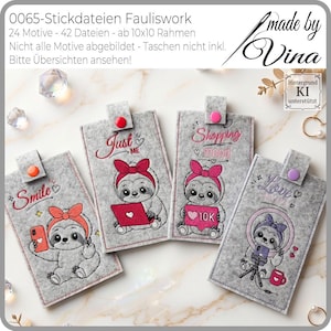 Könnte beinhalten: Vier graue Filz-Handyhüllen mit gestickten Faultiermotiven. Jede Hülle zeigt ein anderes Faultier mit den Texten: "Smile", "Just Me", "Shopping mood" und "Love Me". Die Hüllen haben einen Knopfverschluss und sind mit roten, rosa und lila Akzenten verziert.