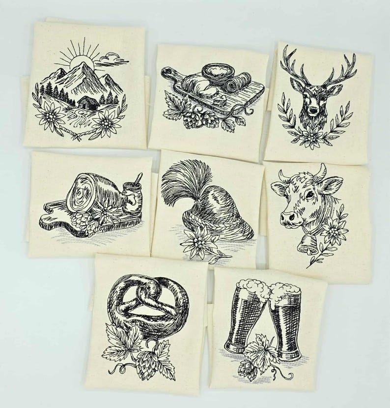 Acht quadratische, cremefarbene Stoffstücke mit verschiedenen gestickten Alpenmotiven wie Brezel, Hirsch, Tuba und Hütte.

Eight square cream-colored fabric pieces showcasing various embroidered alpine motifs like pretzel, stag, tuba, and cabin.
