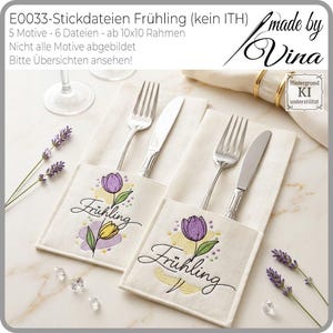 May include: Two cream linen napkin holders, each with a fork and knife, featuring embroidered tulip designs and the word "Frühling". The image also shows sprigs of lavender and a wine glass.