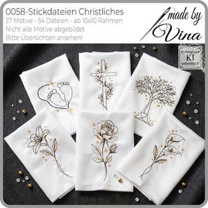 May include: White embroidered handkerchiefs with various religious designs, including a cross, tree, and floral patterns. The image also includes text that reads "made by Vina".