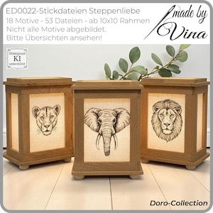 May include: Three wooden lanterns with animal illustrations. Each lantern has a rectangular frame with a light-coloured fabric panel displaying a lioness, elephant, and lion. The text on the top left says "ED0022-Stickdateien Steppenliebe".