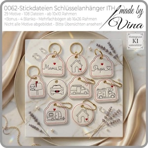 May include: Embroidered keyrings with various designs, including a house, car, camper, and the words "Mama" and "Papa." Each keyring has a gold-coloured ring and chain. The keyrings are displayed on a marble-like surface.