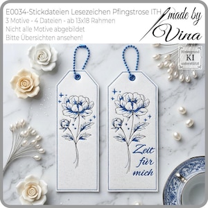 Può includere: Due segnalibri rettangolari bianchi con ricamo floreale blu e la scritta "Zeit für mich". Ogni segnalibro ha una catena blu attaccata. L'immagine mostra anche rose bianche e color crema e perle.