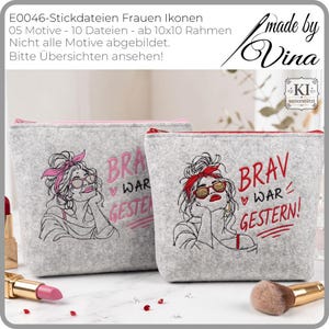 Könnte beinhalten: Zwei hellgraue Filztaschen mit Reißverschluss. Jede zeigt eine gestickte Strichzeichnung einer Person mit Kopftuch und Brille, begleitet von dem roten Text "BRAV WAR GESTERN!" und kleinen Herzsymbolen.