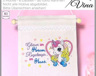 Archivo de bordado de cabeza de unicornio con frase - estilo shabby chic, 10 x 10 cm | Colección Doro