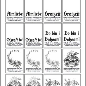Erste Seite der Dateianleitung mit Übersicht von Texten wie Almliebe, Brotzeit, O'zapft is und Bergmotiven mit Maßen.

First page of the design catalog showing text designs like Almliebe, Brotzeit, and mountain motifs with dimensions in inches.