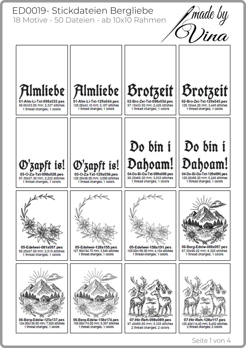 Erste Seite der Dateianleitung mit Übersicht von Texten wie Almliebe, Brotzeit, O'zapft is und Bergmotiven mit Maßen.

First page of the design catalog showing text designs like Almliebe, Brotzeit, and mountain motifs with dimensions in inches.