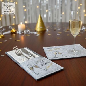 Puede incluir: Una mesa festiva de Nochevieja con una copa de champ&aacute;n, una vela y adornos de fiesta. Los manteles individuales y los portacubiertos de fieltro gris est&aacute;n bordados con "Happy New Year" y copas de champ&aacute;n. La mesa est&aacute; puesta con cubiertos.