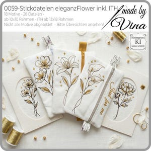 Könnte beinhalten: Weiße Stoffbeutel und Karten mit goldenen Blumenstickereien. Ein Beutel hat einen Reißverschluss und den Text "Just for me". Das Bild enthält Goldfäden und den Text "made by Vina".