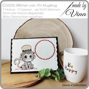 Può includere: Una tazza bianca con manico dorato e la scritta "Be Happy" in lettere dorate. Un sottobicchiere ricamato decorativo con una scimmia con un cappello e un bordo rosso a forma di cuore. L'immagine include testo.