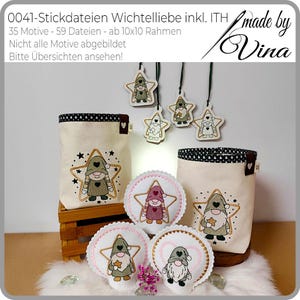 Könnte beinhalten: Gestickte Artikel zum Thema Gnome, darunter sternförmige Ornamente und Stoffbehälter. Die Gnome sind mit Hüten und Bärten dargestellt, innerhalb von Sternen. Der Text "made by Vina" ist sichtbar.