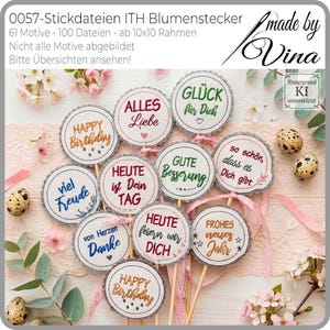 Puede incluir: Adornos florales bordados con frases alemanas como "Happy Birthday" y "Alles Liebe" en palitos de madera. Los adornos redondos tienen bordes festoneados y texto colorido. La imagen incluye flores y huevos decorativos.