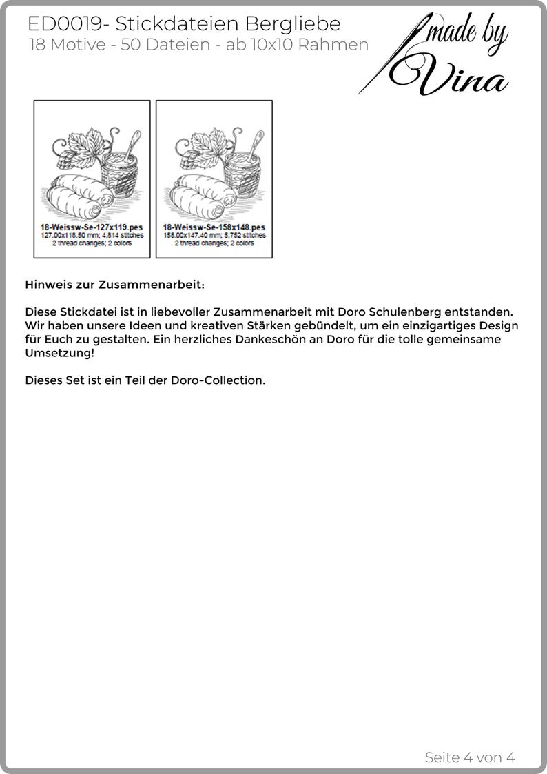 Vierte Katalogseite mit dem Weißwurst-Motiv und einem ausführlichen Text zur kreativen Zusammenarbeit mit Doro Schulenberg.

Fourth catalog page showing the white sausage design and a text about the creative collaboration with Doro Schulenberg.