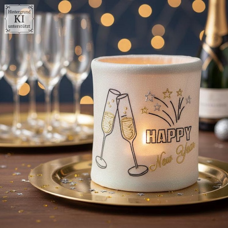 Puede incluir: Un portavelas blanco con borde dorado y un plato dorado. El portavelas tiene un dise&ntilde;o de dos copas de champ&aacute;n y las palabras "HAPPY New Year" en dorado. Copas de champ&aacute;n en el fondo.