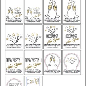 Puede incluir: Colecci&oacute;n de dise&ntilde;os de bordado para A&ntilde;o Nuevo, con copas de champ&aacute;n, fuegos artificiales y el texto "Happy New Year". Los dise&ntilde;os var&iacute;an en tama&ntilde;o, el m&aacute;s grande mide aproximadamente 12,39 x 17,12 cm. Los dise&ntilde;os incluyen varios cambios de hilo y colores.