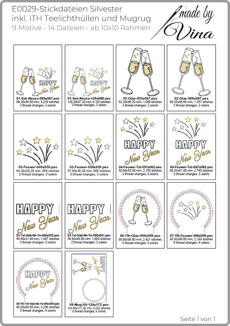 Puede incluir: Colecci&oacute;n de dise&ntilde;os de bordado para A&ntilde;o Nuevo, con copas de champ&aacute;n, fuegos artificiales y el texto "Happy New Year". Los dise&ntilde;os var&iacute;an en tama&ntilde;o, el m&aacute;s grande mide aproximadamente 12,39 x 17,12 cm. Los dise&ntilde;os incluyen varios cambios de hilo y colores.