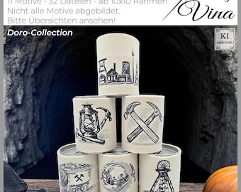 Può includere: Una pila di sei contenitori cilindrici con illustrazioni in bianco e nero a tema industriale e minerario. I contenitori presentano immagini di un carrello del carbone, un elmetto da minatore e una torre mineraria. Il testo in alto recita "ED0017-Stickdateien Ruhrpott".