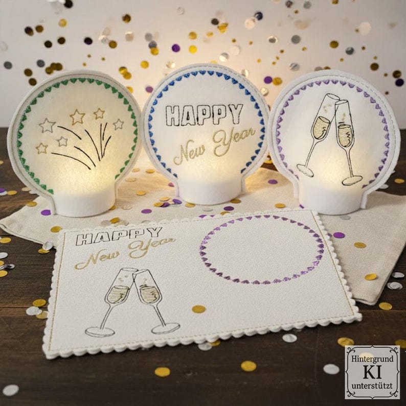 Puede incluir: Tres decoraciones luminosas de Nochevieja. Cada una tiene un dise&ntilde;o blanco y circular con un borde decorativo. Una presenta fuegos artificiales, otra dice "Happy New Year", y la tercera muestra copas de champ&aacute;n. Una tarjeta a juego est&aacute; al frente.