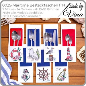 May include: A collection of embroidered maritime-themed utensil holders. Each holder features a different design, including a life preserver, seal, seagull, lighthouse, anchor, ship's wheel, and a message in a bottle. The holders are white with red and blue accents.