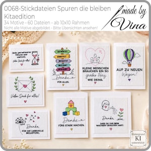 Puede incluir: Una colección de ocho tarjetas rectangulares blancas con diseños bordados y texto en alemán. Las ilustraciones incluyen un reloj de arena, una señalización colorida, un corazón, un globo aerostático, un sobre, un diente de león, bloques y una regadera.