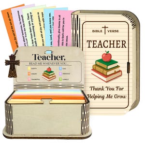 May include: A wooden box set with a Bible verse theme for teachers. The box contains colourful cards and features the text "Teacher, Read Me Whenever You..." and "Thank You For Helping Me Grow."