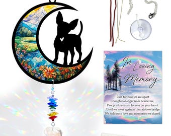 Gepersonaliseerde chihuahua-monument Suncatcher: regenboogbrug aandenken met hartkristal, cadeau huisdierverlies