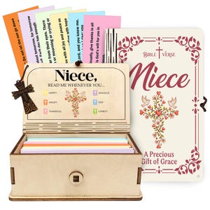 May include: A wooden box set with a cross charm, cards, and a matching cover. The box is engraved with "Niece, READ ME WHENEVER YOU..." and a cross design. The cover reads "Bible Verse Niece A Precious Gift of Grace."