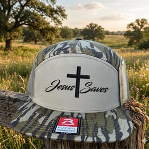 Vintage Jesus Leather Patch Camo Trucker Hat Christian Flat Bill Snapback Cap Cross Leather Patch Camo Trucker Hat - Adjustable Snapback  main image 4
