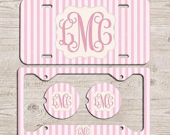 Light Pink Striped Monogram License Plate Frame Car Coasters Set Custom Car Decor Personalized Plate Cover Gift for Her Aesthetic Accessory