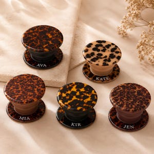 Personalized Tortoise Shell Phone Grip Magnetic, Custom Name Phone Stand, Leopard Print Phone Holder, Glossy Brown Accessory, Gift for Her