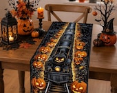 Quilted Halloween Train Table Runner, Pumpkin Railroad Table Decor, Dark Autumn Dining Table Runner Fall Home Holiday Decoration
