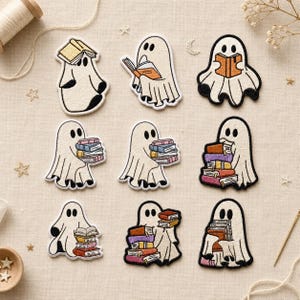 Cute Ghost Book Embroidered Patch, Bookish Reading Ghost Applique for Backpack, Jacket or Pencil Case, Book Lover Gift