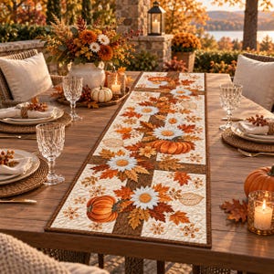 Puede incluir: Un camino de mesa rectangular con un patrón acolchado de calabazas naranjas, margaritas blancas y hojas de otoño marrones sobre un fondo crema con bordes de color marrón oscuro. El diseño incluye motivos florales y estacionales repetidos.