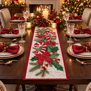 May include: A rectangular white table runner with a red border featuring embroidered candy canes, green holly leaves, and red bows. The runner is centred on a dark wood dining table set with white plates, red napkins, and crystal glassware.