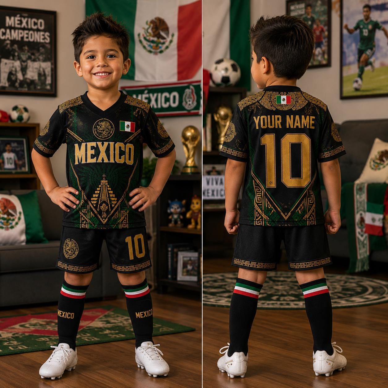 Gold Black Mexico Kids Soccer Set, Custom Youth Mayan Pyramid Football Kit, Personalized Mexican Toddler Uniform, Birthday Gift Boys Girls