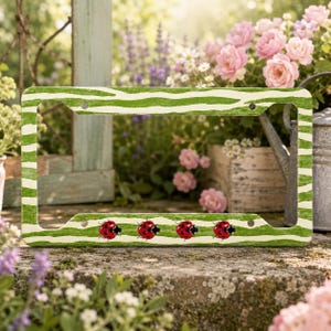May include: A rectangular license plate frame featuring a green and white zebra stripe pattern. The bottom horizontal bar of the frame is decorated with four red ladybugs with black spots, evenly spaced across the width of the frame.