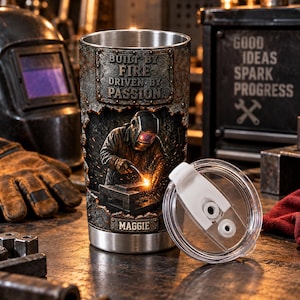 May include: A stainless steel tumbler featuring a graphic of a welder in a helmet working on metal with sparks. The text reads BUILT BY FIRE DRIVEN BY PASSION and MAGGIE. The tumbler has a clear plastic lid with a white sliding closure mechanism.