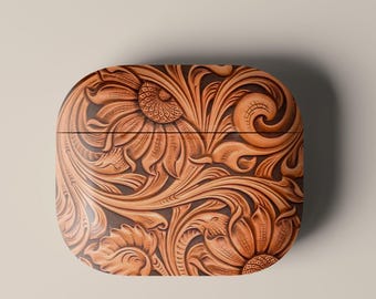 Tooled Leather Floral Effect AirPods Case Western Vintage Brown Carved Pattern Protective Cover for AirPods Pro 1 2 3 4
