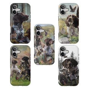 May include: A collection of five phone cases featuring hunting dog illustrations. The cases showcase various breeds in outdoor settings, with detailed artwork of dogs, birds, and foliage. The color palette includes browns, greens, and whites.