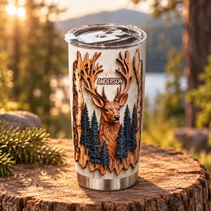 May include: A cylindrical stainless steel tumbler featuring a wrap-around design of a deer head with large antlers and dark pine trees against a light wood grain background. The name ANDERSON is printed in white text above the deer head.