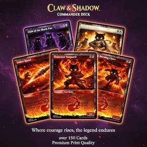 May include: Claw & Shadow Commander Deck featuring five illustrated cards with cat-like characters. The cards have fiery red and purple backgrounds. Text on the cards includes "Oath of the Black Paw", "Dojo Lankeepers", "Ember Kunai", "Flamepaw Vanguard", and "Burning Claws".