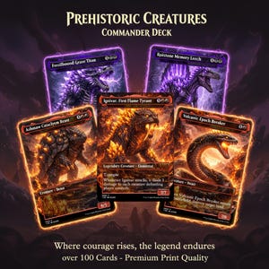 May include: A Commander Deck featuring fantasy creature cards. The cards display illustrations of various prehistoric creatures, including a fiery Tyrant, a beast, and a snake. The text on the cards includes the names of the creatures and their abilities.