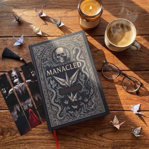 Può includere: Un libro scuro con il titolo "MANACLED" e un'illustrazione di teschio, con segnalibri decorativi e gru origami su una superficie di legno. Sono presenti anche una candela accesa e una tazza di caffè. Il libro ha un segnalibro a nastro rosso.