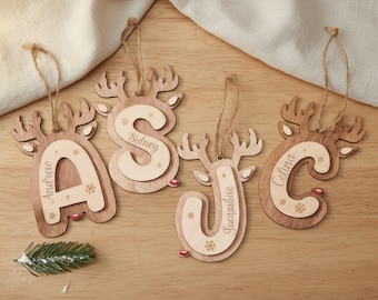 Personalized Reindeer Letter Ornaments | Personalized Stocking Tags | Retro Christmas Name Tags | Family Holiday Keepsake Ornaments