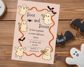 Convite de Halloween personalizável para adultos – Festa de Halloween – Boos and Booze – Fantasmas engraçados – Link do Canva para edição