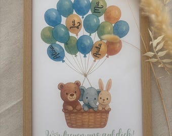 Baby Shower Guest Book Balloon Personalized - Baby Gift - Poster with Signatures - Download - Balloon with Bear, Rabbit, Elephant - Gender Reveal