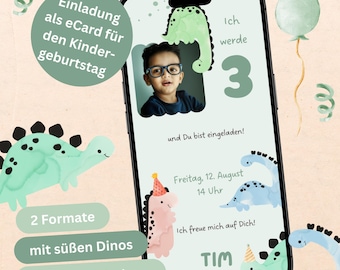 Convite de aniversário de dinossauro | Cartão eletrônico digital com foto | Convite do WhatsApp | Cartão de aniversário personalizado, download instantâneo